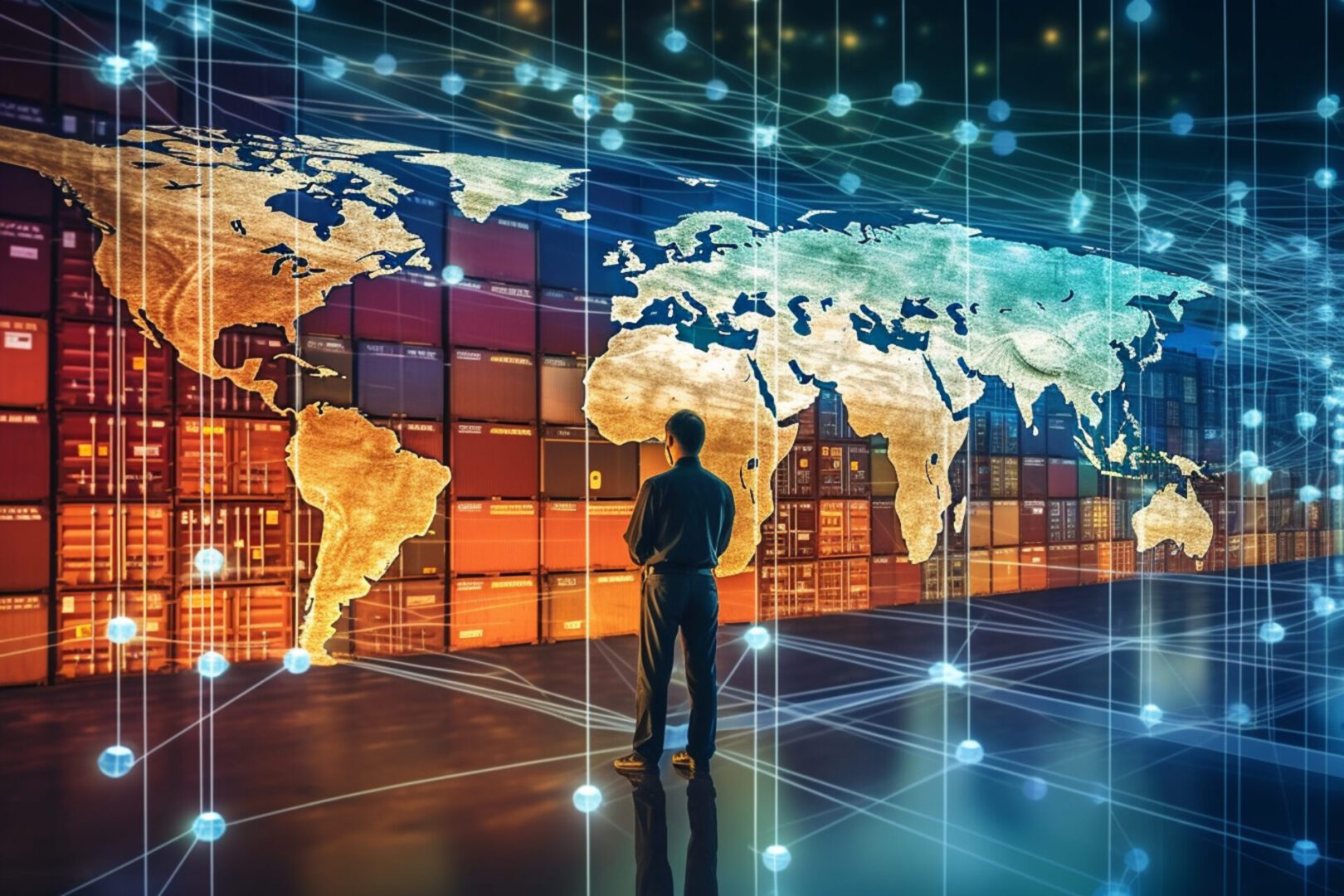 Silhouette of businessman looking at container cargo freight ship in port with network connection concept Silhouette of businessman looking at container cargo freight ship in port with network connection concept