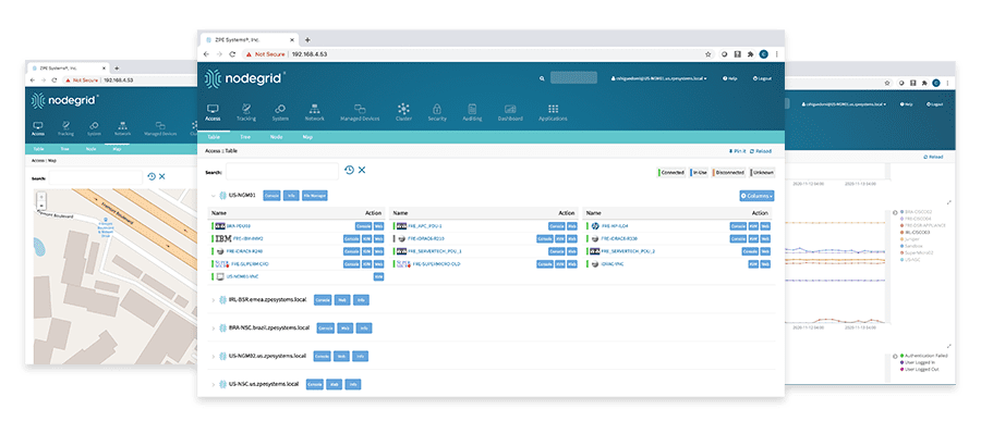 Screenshots of Nodegrid Manager’s data center infrastructure management dashboards.